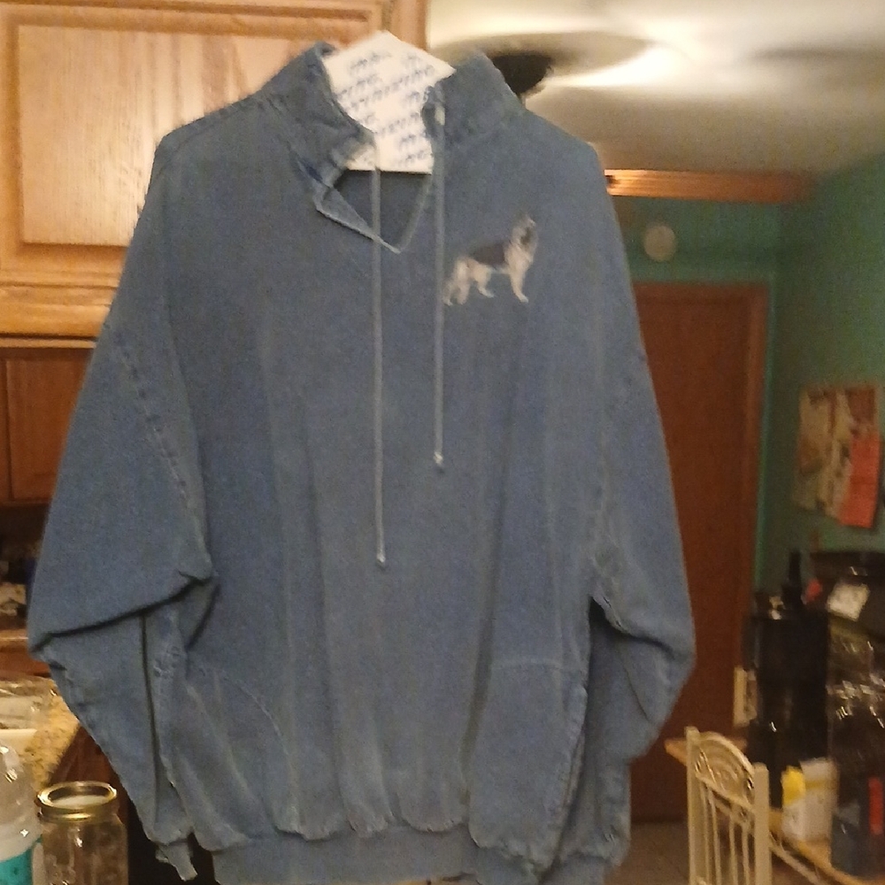 Blue Hooded Pullover Sweatshirt with Wolf Embroidery #4